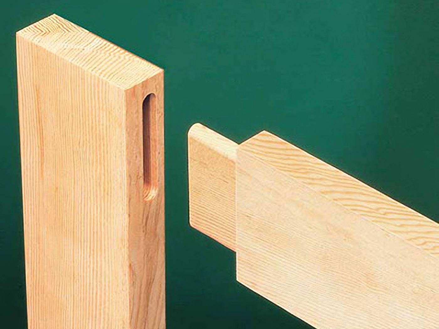 A mortise-and-tenon joint shown apart, with the tenon aligned to the mortise