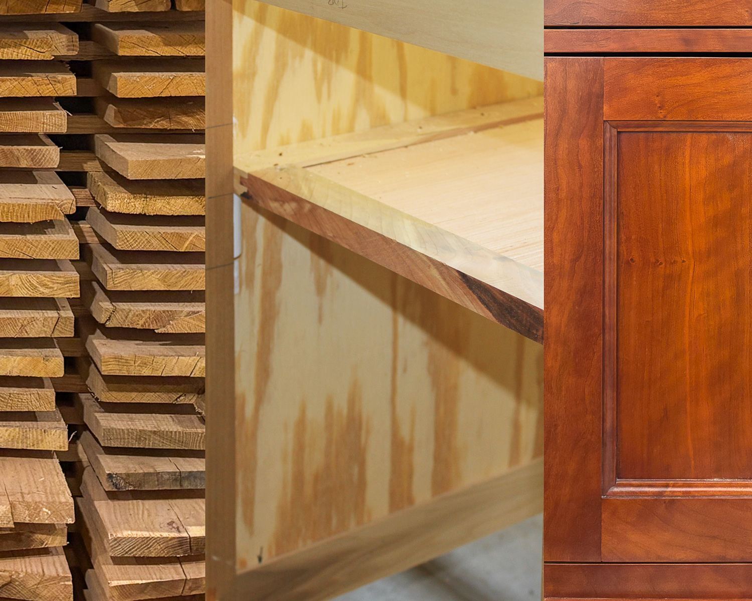 Stacked air-drying lumber, a furniture-grade plywood case, and a finished cherry door panel