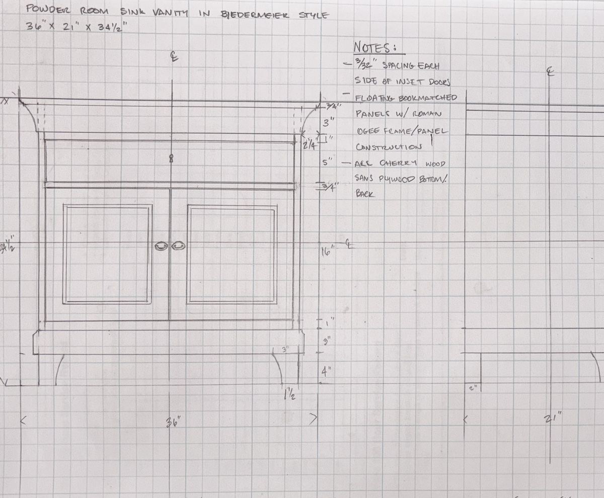 Hand-drawn measured elevation for a 36-inch powder room sink vanity in Biedermeier style, with construction notes