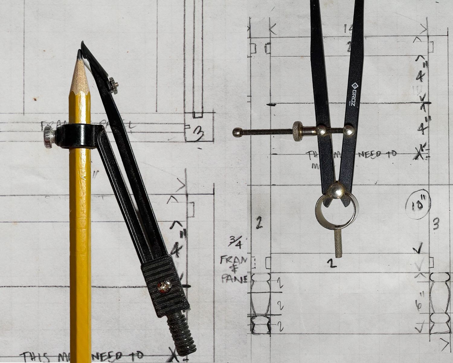 A pencil and dividers resting on a hand-drawn, measured shop drawing